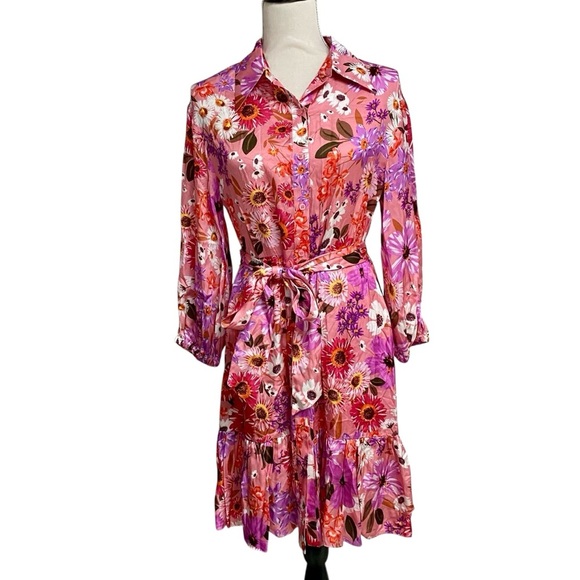Rachel Parcell Pink Floral Shirt Dress Belted Tiered Ruffle Hem Long Sleeve 6 - Picture 4 of 16